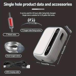 TEMU 싱글홀 디자인 아쿠아리움 산소펌프, 어항 공기 펌프, 0.0~302.83리터 어항 및 수경재배용 산소 버블 머신, 항공 케이블, 돌, 조절 밸브 무소음 폼 펌프, USB 충전식