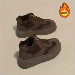 TEMU 여성용 겨울 한국 스타일 청키 플랫폼 스니커즈 - 미드탑 레이스업 두꺼운 밑창 키높이 신발, 따뜻한 라운드 토 캐주얼 운동화 (단색)|운동화|여성운동화