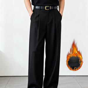 TEMU 남성용 루즈 레그 캐주얼 플리츠 팬츠, 안감 포함 가을 겨울용 따뜻한 스타일, 폴리우레탄 스판덱스 소재, 헤비웨이트 입체적인 핏