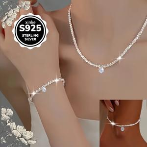 TEMU 925 스테인리스 실버 목걸이, 팔찌, 발찌 세트 | 우아하고 빈티지 스타일, 데일리 및 휴가 착용에 완벽, 생일 또는 발렌타인데이 선물로 이상적|은목걸이