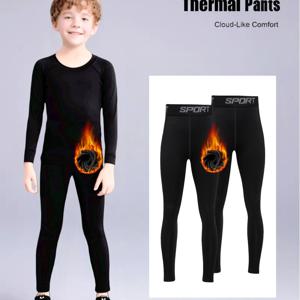 TEMU 2팩 남아용 운동용 기모 레깅스 | 통기성 좋고 피부 친화적이며 부드러운 베이스 레이어 팬츠, 러닝 및 실내/외 활동에 적합, 높은 신축성 원단, 가을/겨울용 단색.