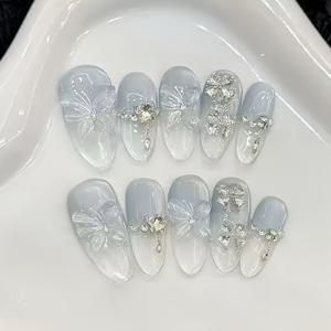 TEMU 10개입 핸드메이드 블루 옴브레 글리터 프레스온 네일 - 4잎 클로버 & 라인스톤 디자인, 손/발용 아몬드형 미디엄 길이 네일아트, 파티, 웨딩, 데일리 글램에 적합