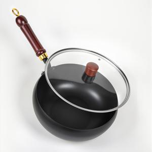 TEMU 1 핸드포지드 주철 웍 뚜껑 포함 - 깊은 둥근 바닥 프라이팬, 나무 손잡이, 두꺼운 바닥 얇은 벽, 균일한 열 분포, 내구성 및 세척 용이, 볶음, 튀김, 찜, 끓임용 다목적 조리기구