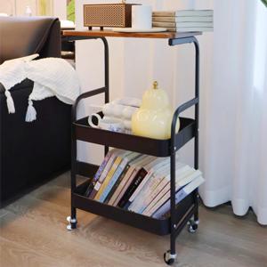 TEMU 오토고 이동식 우드 상판 수납 철제 선반 다기능 트롤리 3단 테이블