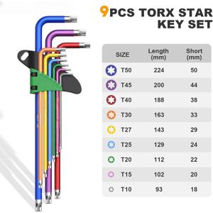 TEMU 렌치 세트, 9피스 메트릭 볼 엔드 육각 키 세트 및 토엑스 스타 앨런 키, 가정용 유지보수 및 DIY용 롱 암 렌치