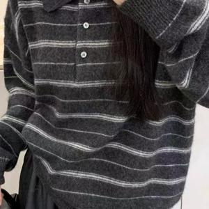 TEMU 레트로 그레이 폴로 칼라 여성 가을 올드 머니 스타일 웨어 게으른 루즈핏 소프트 왁스 탑