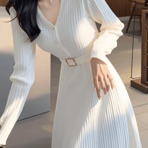 TEMU 한국 가을 겨울 신상 포멀 행사 출퇴근 감성 여신 스타일 V넥 스웨터 원피스 하의 속옷