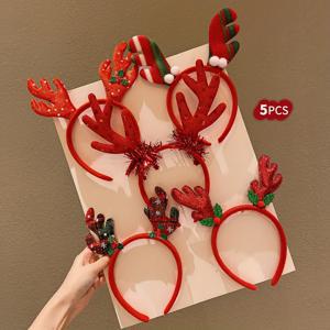 TEMU 레몬 러브오 5개 세트 귀여운 순록 뿔 머리띠 - 크리스마스 헤어 액세서리 10대 및 성인용, 핸드메이드 스타일 헤어 후프 휴일 축제용|머리띠