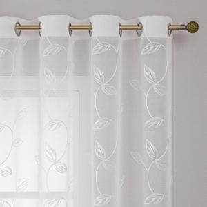 TEMU 2개 세트 화이트 리프 식물 자수 반투명 커튼, 북유럽 스타일 - 침실, 사무실, 거실, 발코니 장식용