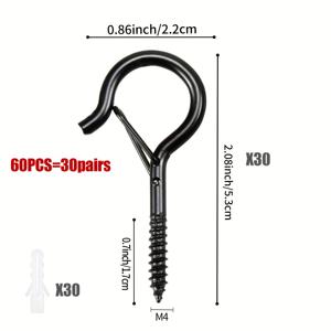 TEMU 30/60개입 고강도 Q자형 천장 후크 - 녹 방지 금속 걸이 후크, 간편한 설치, 크리스마스 화환, 할로윈 조명, 식물, 꽃 바구니, 풍경 장식용 - 실내/실외 장식 - 블랙, 식물 걸이, 장식 후크
