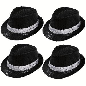 TEMU LERDU 4개입 스팽글 페도라 모자, 남녀 공용, 힙합, 재즈 공연 및 빈티지 테마 행사에 적합, 크리스마스 및 새해 축하 행사에 이상적.