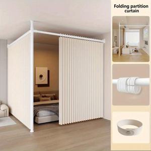 TEMU 1개 현대식 접이식 파티션 커튼 - 플라스틱 후크 포함, 라이스 그레이 디자인, 다양한 사이즈, 침실·거실용, 고품질 분할 스크린, 심플한 장식, 내구성 있는 원단