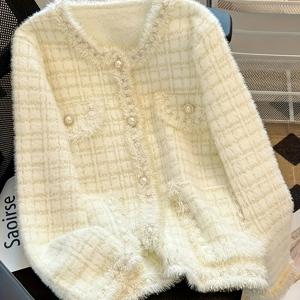 TEMU 여성용 우아한 가디건, 진주 단추와 태슬, 세부 디자인 감각, 아름다운 코트, 부드러운 중간 신축성 라운드넥 스웨터, 사계절 패션 캐주얼 레이어링 싱글 진주 장식