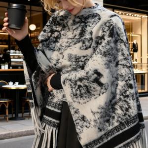 TEMU 새로운 가을-겨울 클래식 패턴 숄 케이프 가디건 여성용, 패셔너블 봄 신상 여성 의류, 클래식 여성 숄 코트, 새로운 가을-겨울 케이프 가디건, 블랙 앤 화이트 패셔너블 다용도 여성 의류, 스타일리시하고 시크한 여성 의류, 연회 저녁 드레스 코트, 실내 에어컨 셔츠, 야외 나들이 탑, 사진 촬영 의류