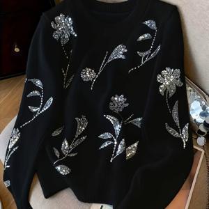 TEMU 플러스 사이즈 - 플러스 사이즈 - 여성용 우아한 플로럴 스웨터 - 반짝이는 글리터 장식, 따뜻한 가을/겨울용 풀오버, 데일리 & 포멀룩, 부드럽고 신축성 있는 원단, 여성용 크루넥 스웨터, 겨울 의류, 스타일리시 니트, 패션 애호가