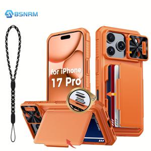 TEMU 아이폰 17 Pro 케이스 지갑, 휴대폰 끈과 4~5장의 카드를 보관할 수 있는 통합 카드 홀더가 특징입니다. 렌즈 커버와 카메라 제어 캡처 버튼이 포함되어 있어 할로윈, 추수감사절 선물로 좋습니다.|케이스