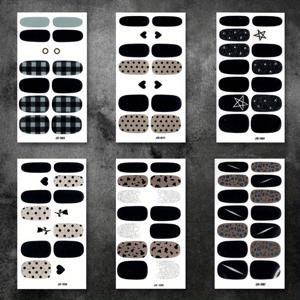 TEMU 6장 & 3개의 네일 글루 스트립 다크 블랙 시리즈 네일 아트 스티커 - 반짝이, 별, 하트, 기하학적 & 프린트 디자인의 자체 접착 DIY 네일 데칼 - 포름알데히드 프리 오벌 광택 네일 스티커 여성용, 매니큐어 액세서리, 홈네일, 쉬운 적용, 뷰티 애호가용