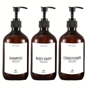 TEMU 3pcs 펌프가 있는 리필 가능한 샴푸 컨디셔너 바디 워시 디스펜서 병, 방수 라벨이 있는 욕실 로션 디스펜서 용기 500ml/16.9oz