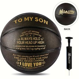 TEMU 모아크티브 아들 생일/졸업 선물 농구공 - 진심 어린 메시지가 담긴 생일 선물, 스탠다드 사이즈 실내외용 농구공 - 아버지에서 아들에게, 어머니에서 아들에게 - 청소년 및 성인에게 이상적인 블랙 농구공 (영감을 주는 문구 포함)