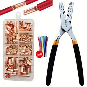 TEMU 250개 GT 구리 연결 파이프 와이어 조인트 소형 구리 튜브 터미널 케이블 러그 부트레이스 페룰 키트 (압착 플라이어 포함)