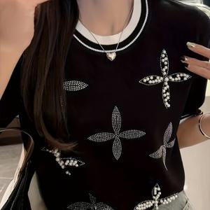 TEMU 여성용 캐주얼 반팔 상의 - 반원형 넥, 컬러 블록 디자인, 비즈 디테일링, 가벼우면서 통기성이 좋음, 봄/여름/가을용, 캐주얼 의상, 봄 패션, 트렌디한 비즈 디테일링, 편안한 핏