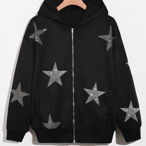 TEMU 여성용 라인스톤 스타 패턴 드롭 숄더 지퍼업 후드티 - 블랙 캐주얼 루즈핏 긴팔 후디, 전면 지퍼, 손세탁 전용, 올시즌 웨어, 편안한 핏, 내구성 있는 소재