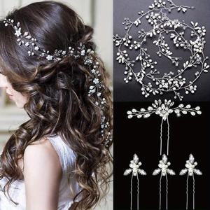 TEMU 신부 웨딩 머리장식 5개 세트, 39.4인치 웨딩 헤어 바인 4개 꽃핀 포함, 핸드메이드 실버 헤어 액세서리 여성 및 신부 들러리 웨딩 헤어 피스