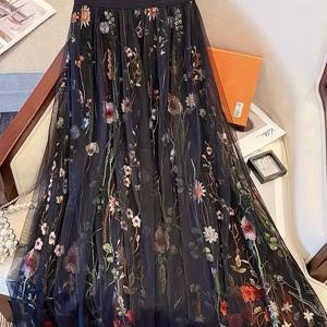 TEMU 여성용 우아한 A라인 맥시 스커트 - 플로럴 프린트, 다크 네이비 블루 쉬어 패널 롱 드레스 스커트, 웨딩, 프롬, 포멀 이벤트용, 세탁기 사용 가능한 겨울 가운