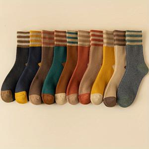 TEMU 5켤레/10켤레/더블 바 테리 양말 여성용 미드 튜브 양말 가을 겨울 기모 두꺼운 따뜻한 양말 인스 트렌디한 일본 스타일 다용도 타월 양말 집콕 양말