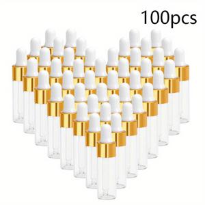 TEMU 100개 1ml/5ml 유리 드로퍼 병, 골드 컵 포함 - 에센셜 오일 및 작은 샘플용 투명한 빈 피펙트 병, 손세척만, 향수 피펙트 병 | 세련된 드로퍼 병 | 내구성 있는 플라스틱 병