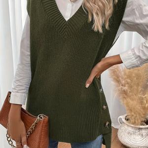 TEMU 아름다운 V넥 니트 베스트, 버튼 장식이 있는 폴리에스터로 제작되었습니다.