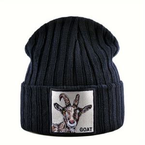 TEMU 남성용 겨울 니트 비니 모자 - 방풍 보온 남녀공용, 염소 & GOAT 레터링 & 애니멀 프린트, 남녀용 부드럽고 따뜻한 겨울 비니, 아웃도어 캐주얼 웨어, 겨울 비니, 추운 날씨 장비, 스타일리시한 겨울옷, 내구성 좋은 겨울옷