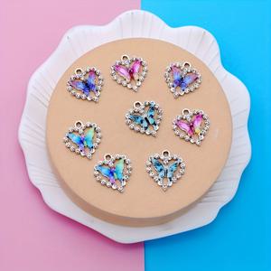 TEMU 8개 세트 혼합 소규모 비즈니스 용품 아연 합금 도금 화이트 골드 실버 핸드 플레티드 라인스톤 하트 꽃 나비 참 스타 피쉬 별 보라색, 노란색, 흰색, 분홍색 별 목걸이/귀걸이 펜던트 DIY 주얼리 만들기용