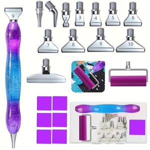 TEMU 21개 페인팅 드릴 펜 세트, 실버 스레드 메탈 다기능 스티커 펜 5D 자수 도구, 별이 빛나는 하늘 보라색 드릴 펜 1개, 실버 다기능 메탈 스테인리스 스틸 펜 팁 12개, 롤러 1개, 클레이 6개
