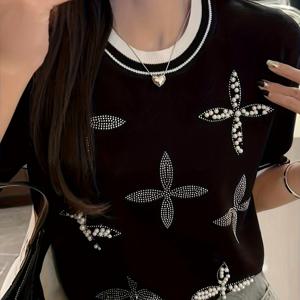 TEMU 여성용 캐주얼 시크 비즈 장식 반팔 티셔츠 - 세미시어 컬러블록 라운드넥 탑, 봄 여름 가을 필수 아이템, 가벼운 통기성 레이어링, 섬세한 질감