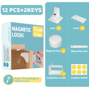 TEMU 어린이 안전을 위한 드릴 없는 자석 캐비닛 잠금장치 12팩 + 키 2개 포함, 주방 캐비닛 및 서랍용 보이지 않는 접착식 자석 잠금