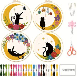 TEMU 4개 세트 고양이 달 자수 키트 - 초보자용 DIY 핸드 자수 키트 - 고양이 달 꽃무늬와 설명서 포함 - 플라스틱 자수 프레임 - 고양이 패턴 자수 스타터 키트 - 성인 여성용 수공예에 적합 (자수 도구 색상 랜덤)
