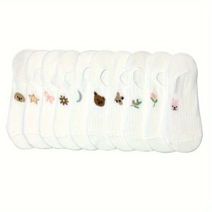 TEMU 10쌍 여성용 발목 양말 - 귀여운 동물 자수 디자인 (곰, 토끼, 사슴) - 부드럽고 통기성 좋은 원단 - 파스텔 색상 포인트 - 캐주얼 & 정장용 - 손세탁/드라이클리닝 가능, 편안한 신발, 장난감 양말, 자수 디테일