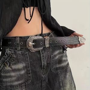 TEMU 2023 신상 아메리칸 빈티지 악어무늬 블랙 벨트 여성용, 청바지와 다양한 스타일, 한국 스타일