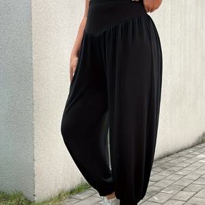 TEMU 플러스 사이즈 여성용 와이드 팬츠 - 탄력 있는 허리밴드로 봄, 여름, 가을에 적합한 캐주얼 웨어 - 손세탁 가능한 솔리드 컬러 와이드 팬츠