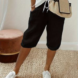 TEMU 플러스 사이즈 드로스트링 단색 데크 바지, 봄 & 여름용 캐주얼 신축성 있는 허리 바지, 여성용 플러스 사이즈 의류