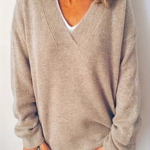 TEMU 플러스 사이즈, V넥 긴팔 솔리드 컬러 가을 겨울용 얇은 탑