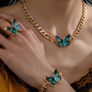 TEMU 여성용 컬러풀 블루 & 퍼플 아크릴 나비 곤충 메탈 체인 목걸이, 팔찌 및 반지 세트 - 가벼운 우아한 고급 휴가 귀여운 스타일