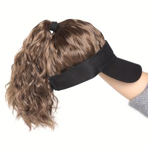 TEMU 여성 및 여아용 곱슬 웨이브 포니테일이 있는 조절 가능한 블랙 야구 모자 가발, 스포티 스타일의 햇빛 차단 기능 제공