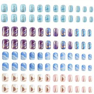 TEMU 96개 사각 컬러풀 그라데이션 인조 네일 세트, 4가지 다양한 색상 및 패턴의 그라데이션 스타일 패션 인조 네일 세트, 젤리 글루 2개 및 네일 파일 포함, 여성 네일 데코레이션에 적합