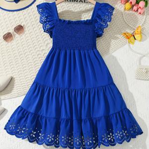 TEMU 여아용 스타일 플리츠 여름 드레스 - 사각 넥 민소매 A라인 러플 밑단 & 컷아웃 디테일, 무지개색 비치 파티 및 캐주얼룩 선물용 무신축 소재|민소매원피스