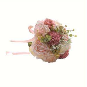 TEMU 핑크 & 크림색 꽃과 그린리시, 리본 악센트가 있는 현실적인 인공 장미 부케 - 신부 들러리용 웨딩 부케, 데이, 아버지의 날, 졸업식, 독립 기념일 - 유지 관리 없는 홈 데코, 특별한 날을 위한 꽃 | 리본으로 묶은 부케 | 천으로 만든 꽃, 크리스마스에 가장 적합