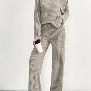 TEMU 단색 니트 우아한 세트, V넥 긴팔 상의 & 레깅 바지, 여성 의류