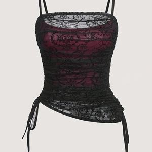 TEMU 조절 가능한 끈 & 메쉬 오버레이가 있는 우아한 플로랄 레이스 코르셋 탑 - 여성용 민소매 부스티에 캐미, 블랙 & 버건디, 봄/여름/가을에 완벽