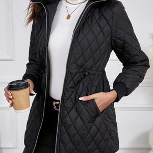 TEMU 집업 라펠 퀼팅 코트, 가을/겨울용 캐주얼 열 긴 소매 졸라매는 끈 허리 재킷, 여성 의류